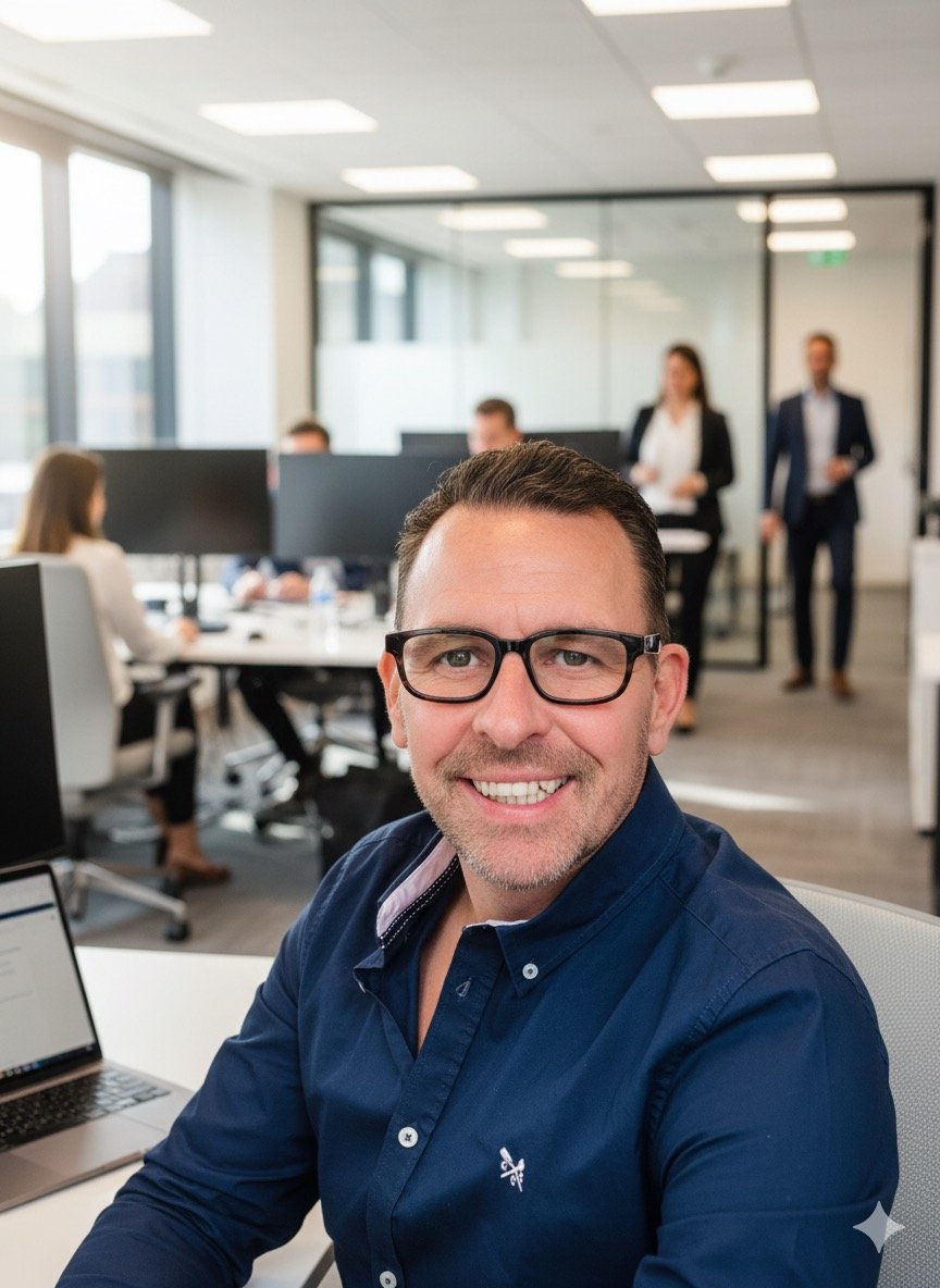 A man with glasses, smiling, sitting at a desk in an office environment with colleagues working in the background.
