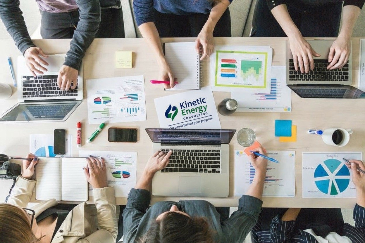 A group of six people working at a meeting table with laptops, charts, graphs, and notebooks.