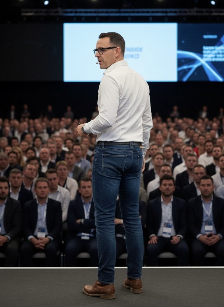 A man in a white shirt, jeans, and glasses speaking at a conference in front of a large audience with a big screen behind him.