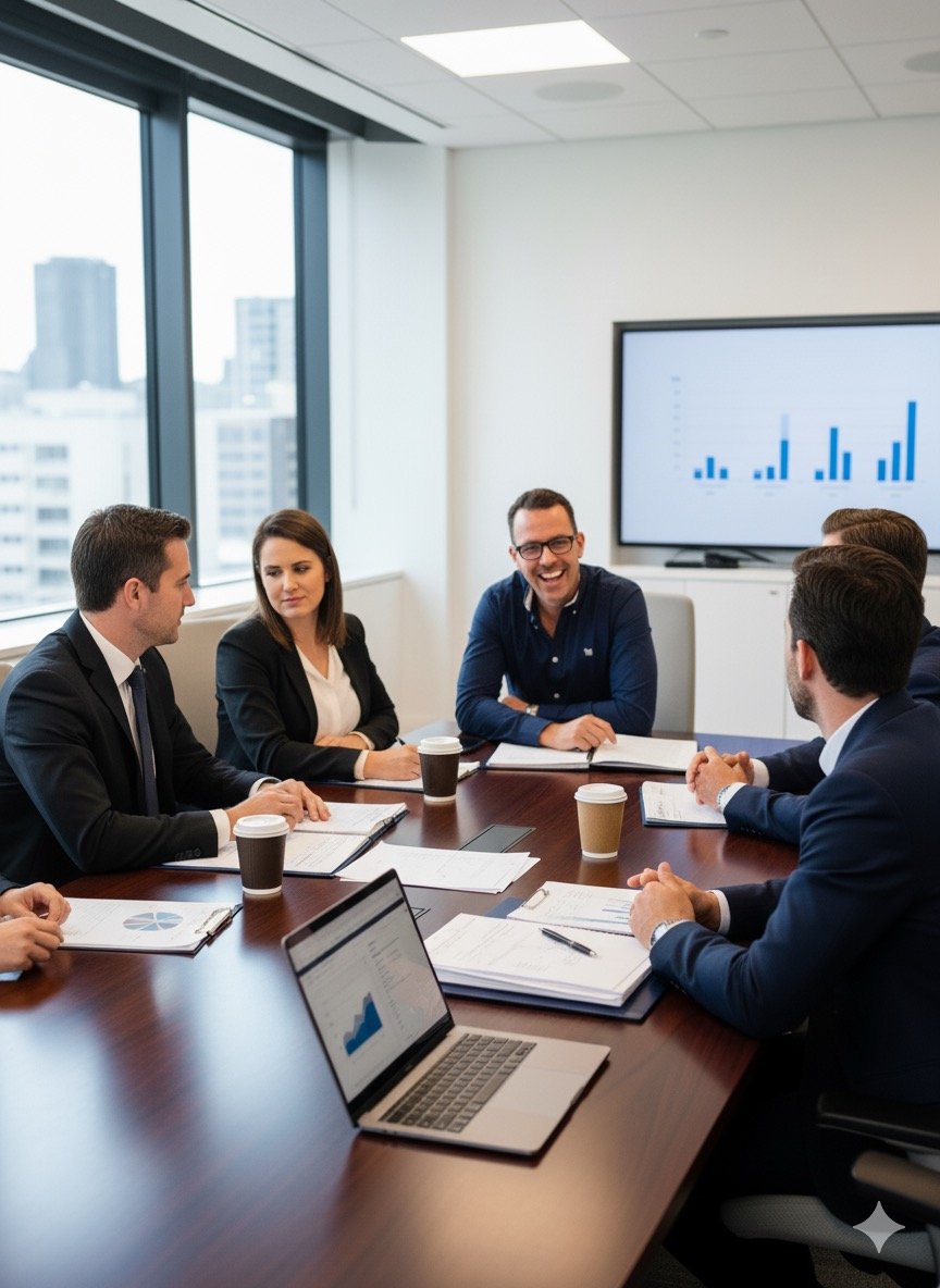 Business meeting with six professionals seated around a conference table in a modern office, with a large window and cityscape view, engaged in discussion, with charts and laptops open.