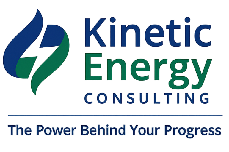 Logo for Kinetic Energy Consulting featuring a stylized flame icon and the tagline "The Power Behind Your Progress"