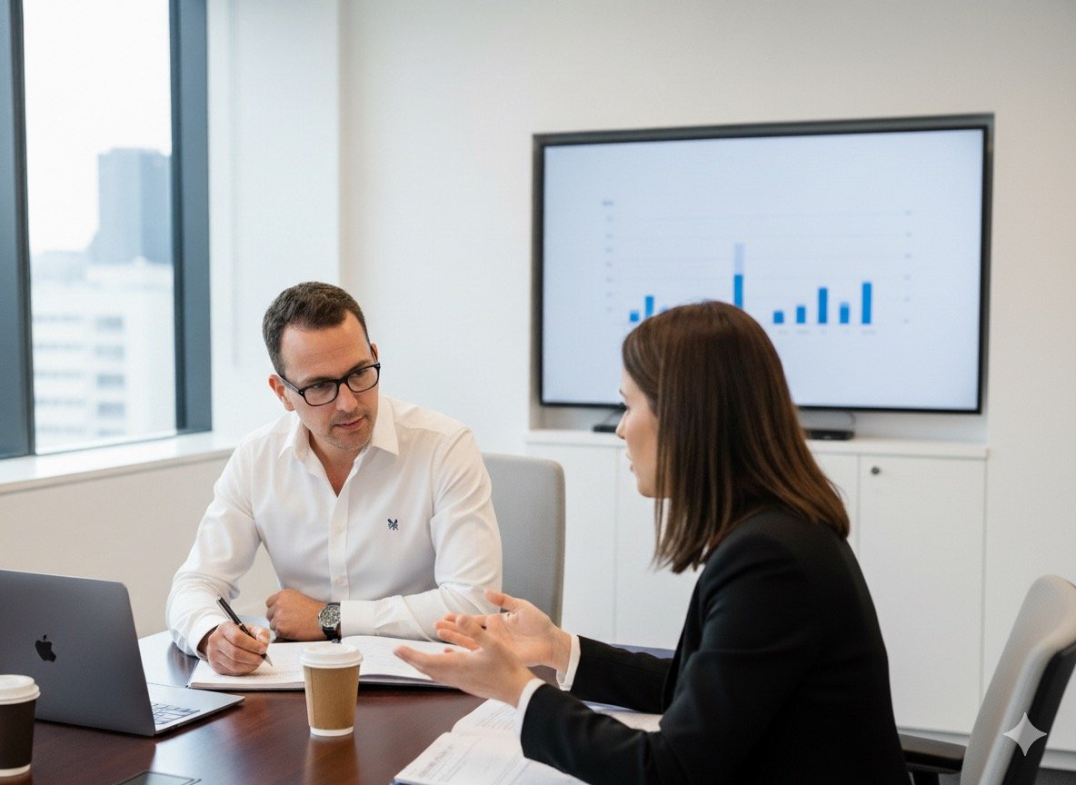 Two professionals engaged in a discussion at a conference table in a modern office with a city skyline view outside the window. A large screen behind them displays a bar graph.
