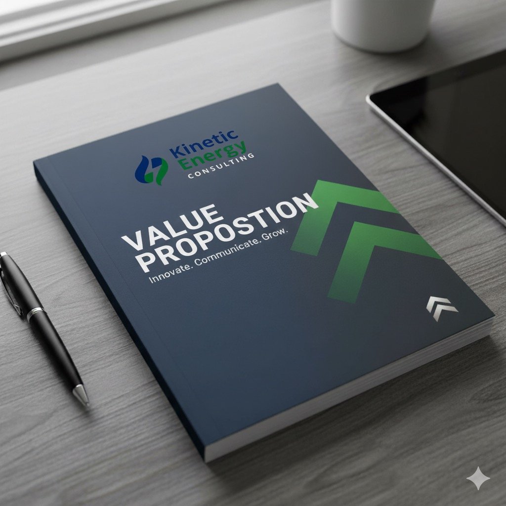 A handbook titled "Value Proposition" with the subtitle "Innovate. Communicate. Grow." on a wooden desk next to a pen, a smartphone, and a white mug, with a window in the background.