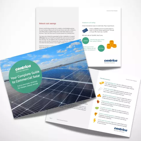 A three-page brochure about a complete guide to commercial solar energy, featuring an image of solar panels under a blue sky with clouds. The brochure includes text and icons related to solar energy savings and benefits.