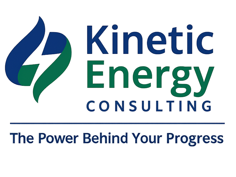 Logo for Kinetic Energy Consulting with stylized flames in blue and green, company name in bold text, and the tagline "The Power Behind Your Progress."